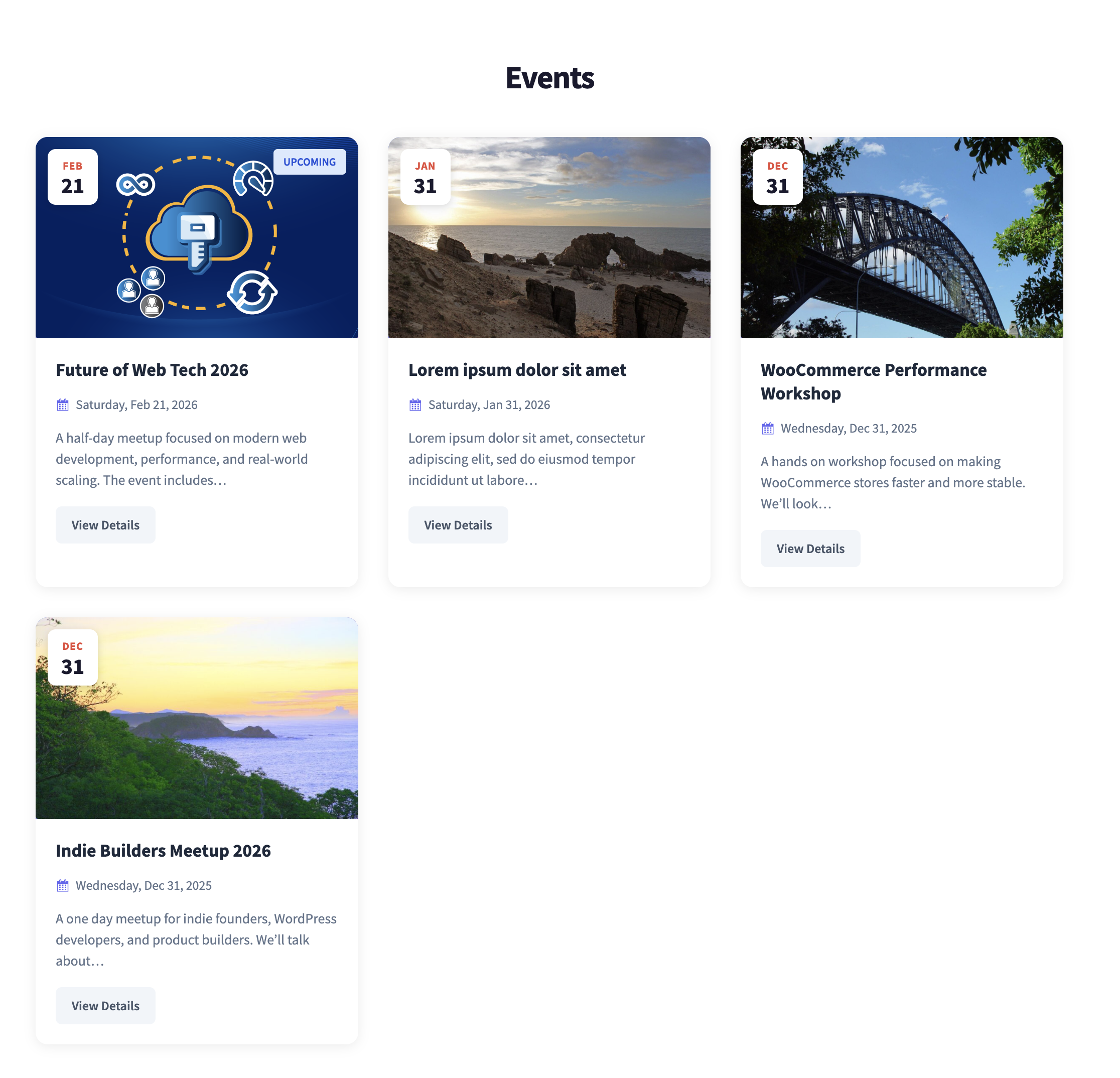 The default event archive page showing event cards in a grid layout