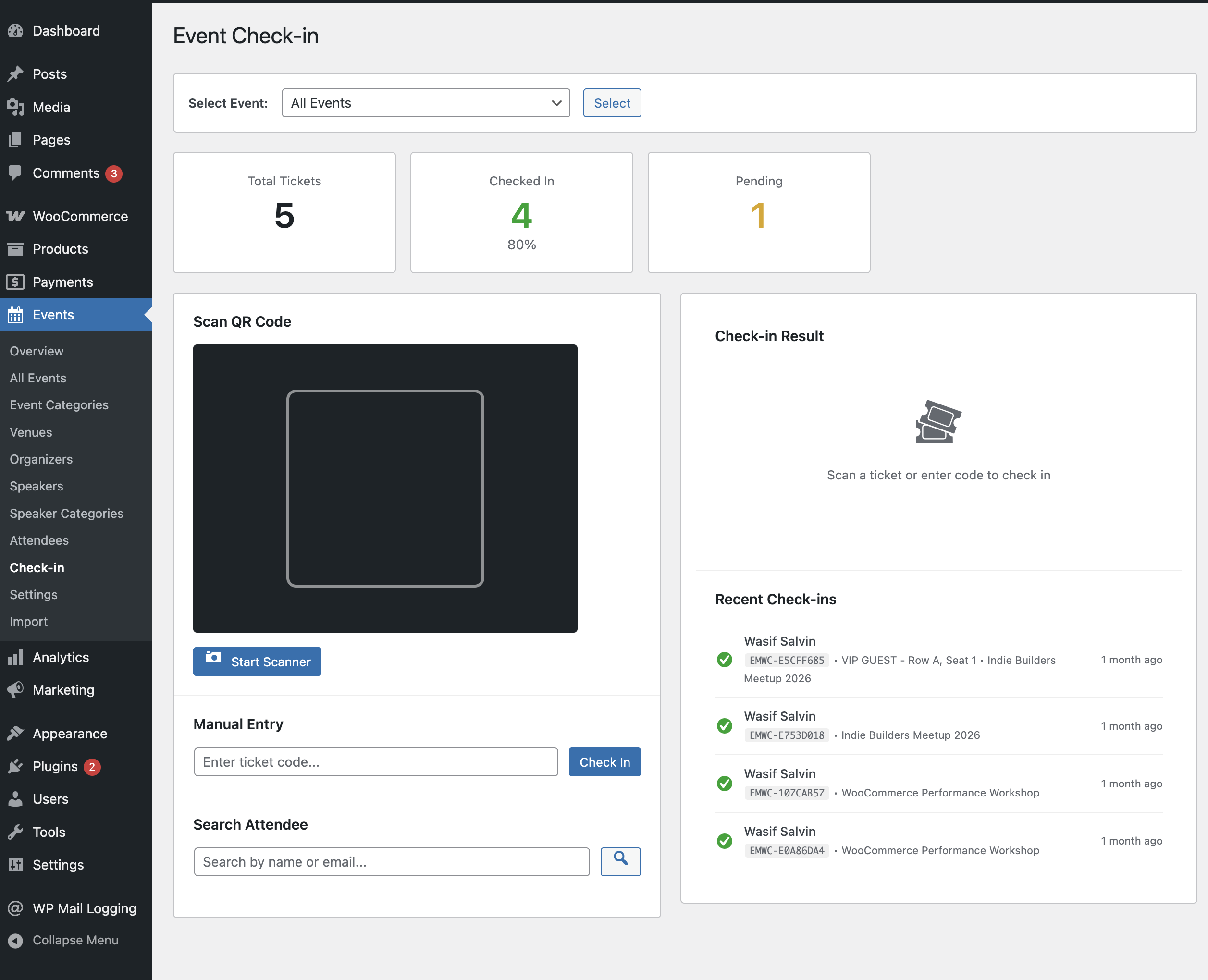 The check-in dashboard with QR scanner, real-time stats, and recent check-ins