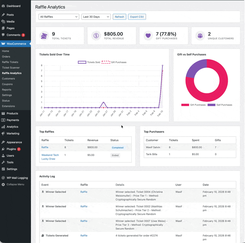 Raffle for WooCommerce — Activity Log