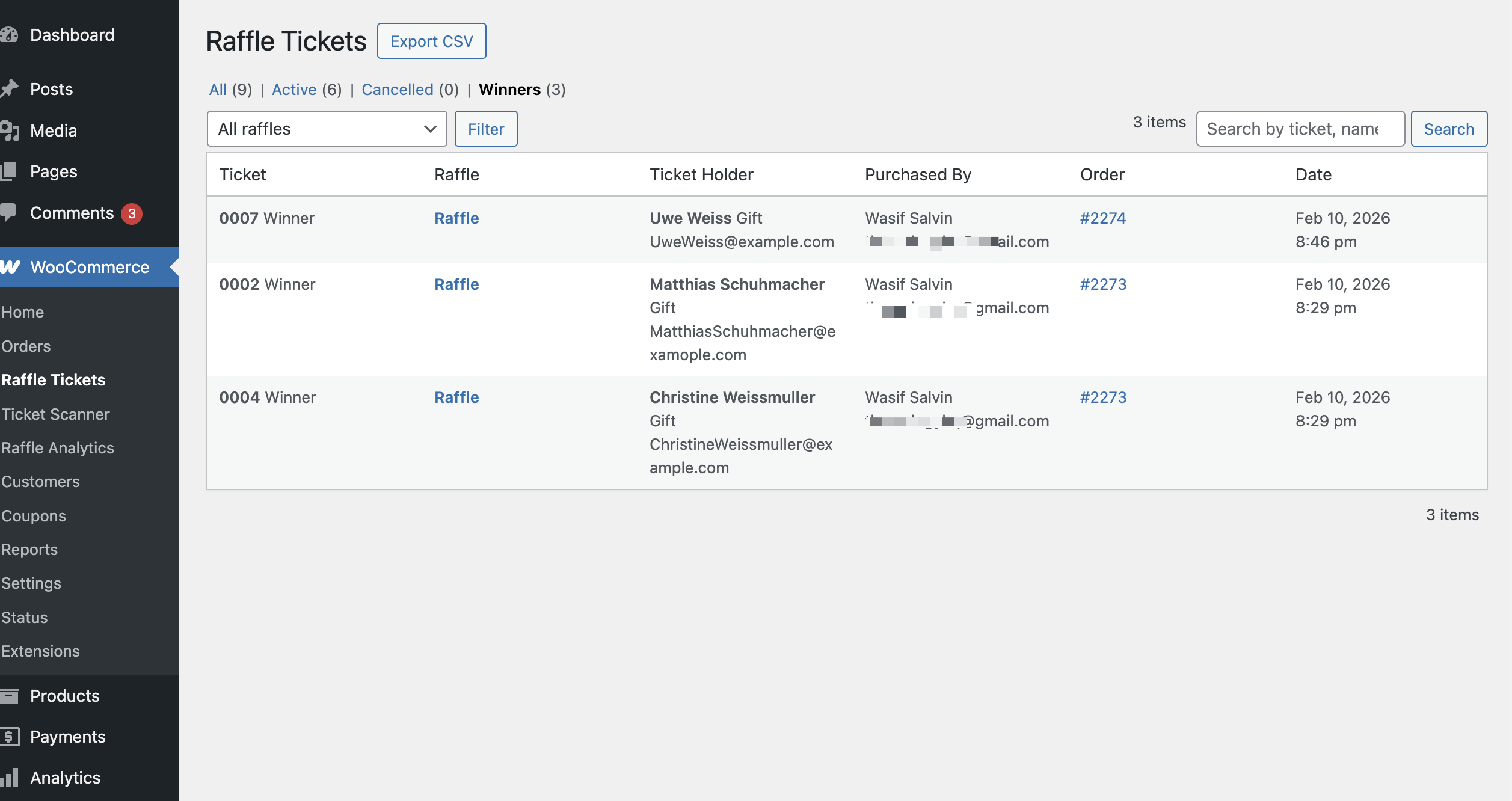 Raffle for WooCommerce — Winners Bug