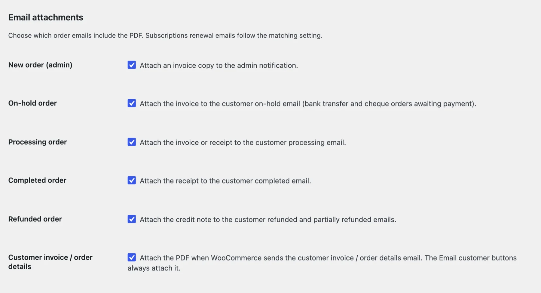 Emboss email attachment settings, with Refunded order ticked to attach the credit note to the refunded and partially refunded emails