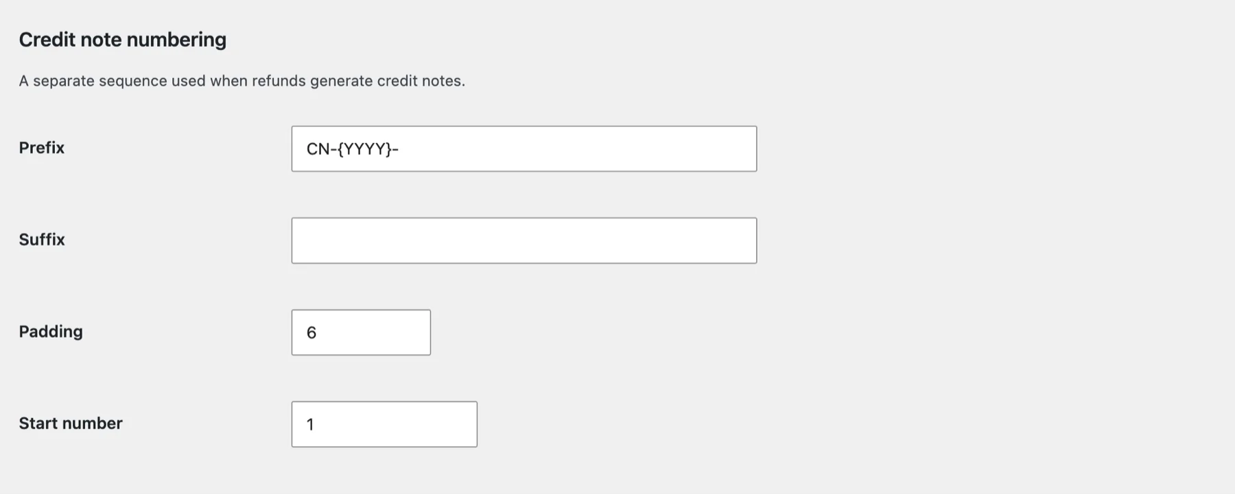 The Credit note numbering section on the Numbering tab, with prefix CN-{YYYY}-, an empty suffix, padding 6 and start number 1