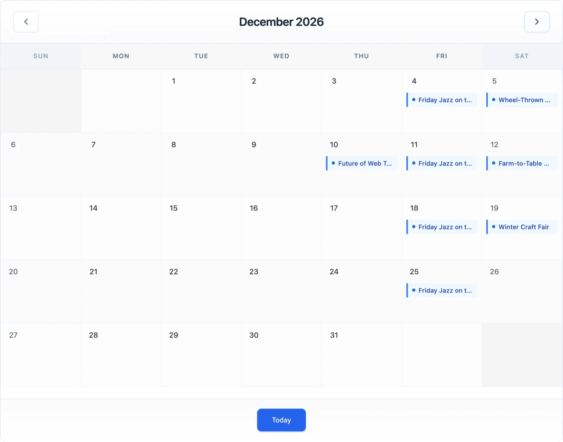 Evenzo's month view for December 2026, with a weekly Friday jazz night, a pottery workshop, a cooking class and a winter fair on their days