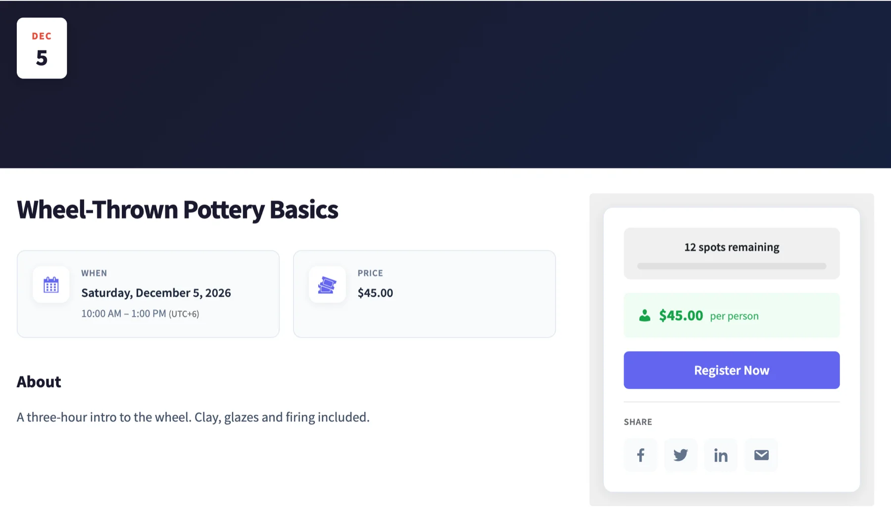 The event page a visitor lands on: the date badge, When and Price cards, the About text, and the ticket box with spots remaining and Register Now
