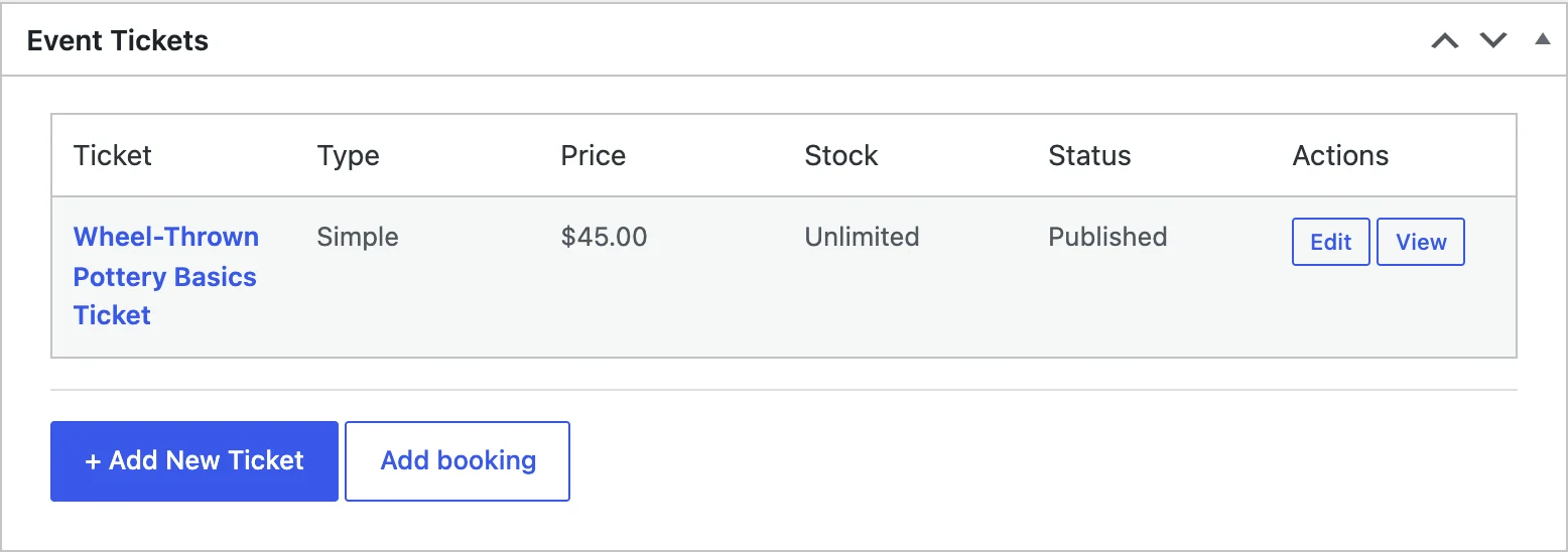 The Event Tickets box on the event, listing its linked ticket product with an Add New Ticket button