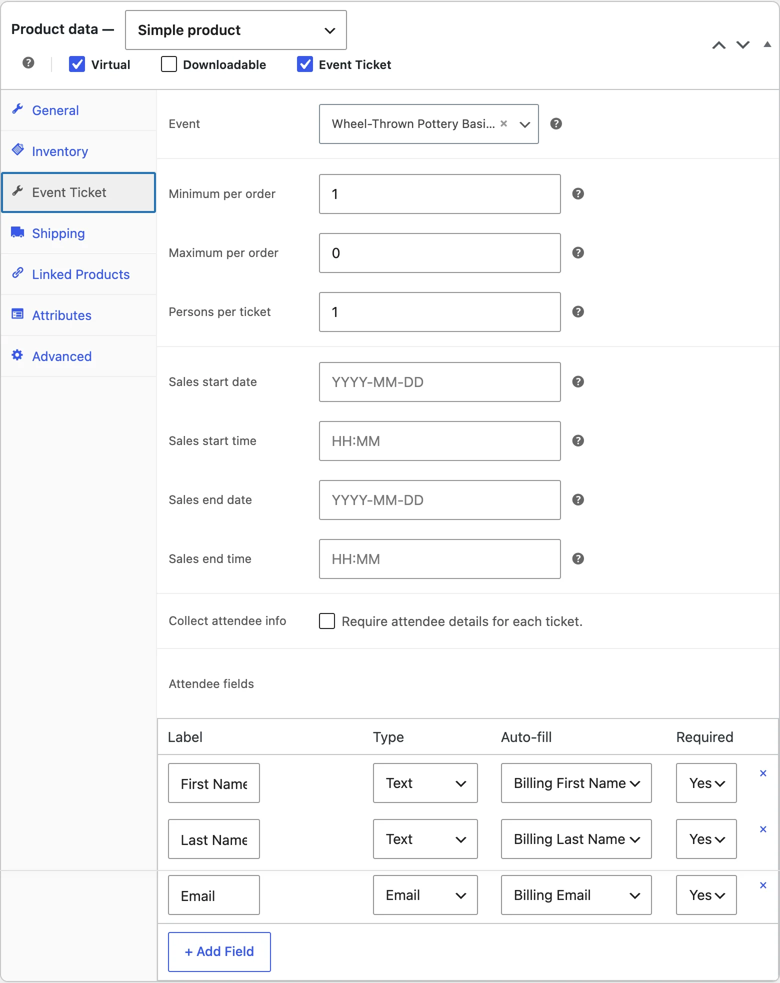 The Event Ticket tab in Product data, with the event picked, minimum and maximum per order, persons per ticket, sales dates and attendee fields