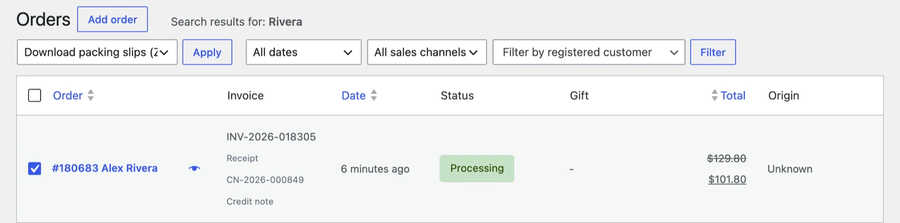 The WooCommerce orders list with one order ticked and Download packing slips (ZIP) picked in the Bulk actions menu