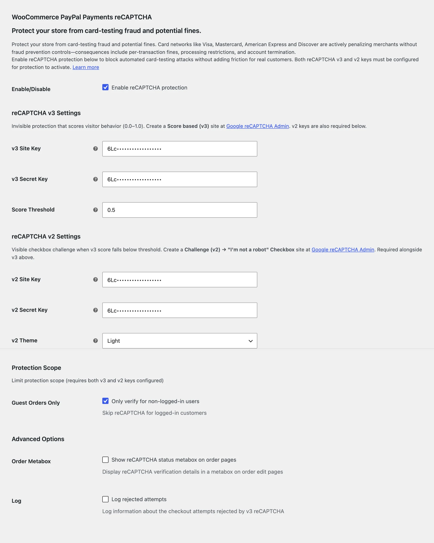The WooCommerce PayPal Payments reCAPTCHA screen under Integration, with Enable reCAPTCHA protection ticked, v3 and v2 key fields (masked here), a 0.5 score threshold and Guest Orders Only ticked
