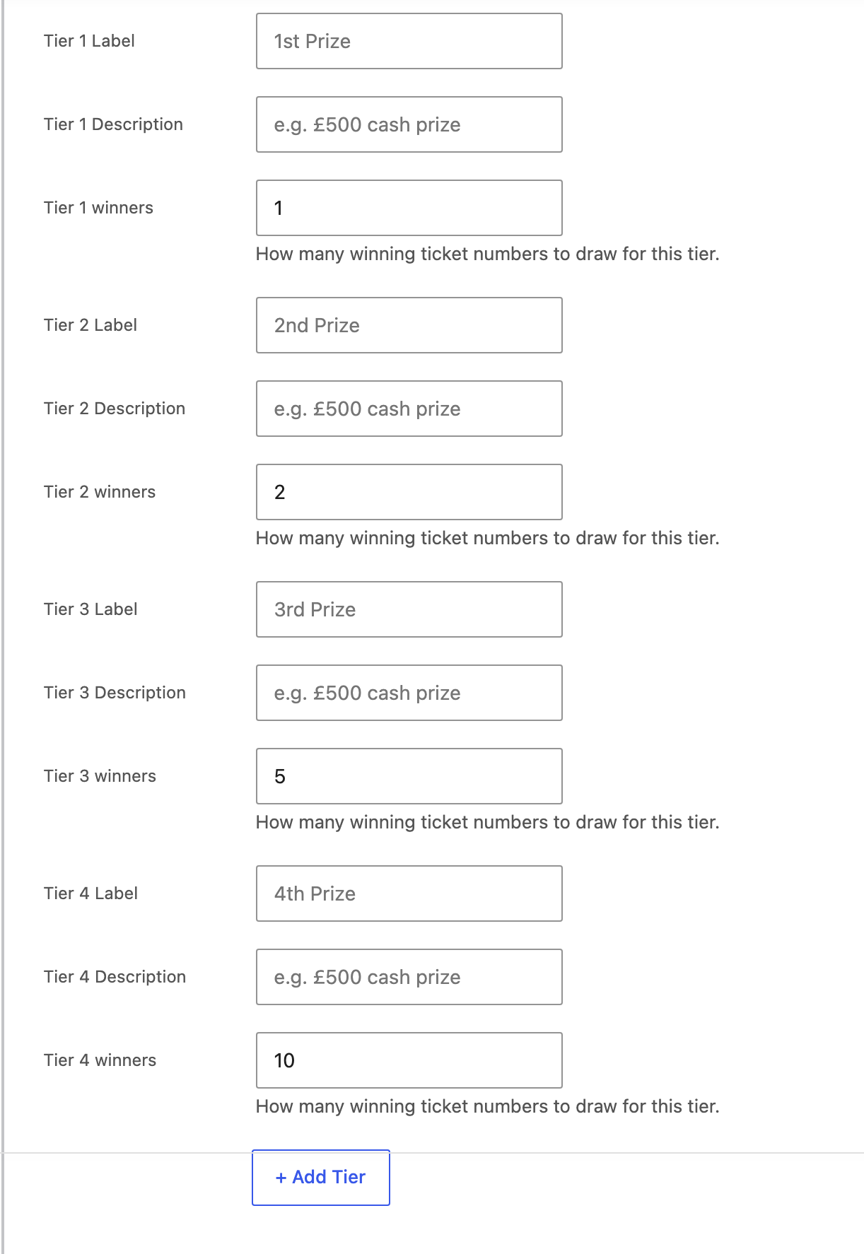 Tier rows with a winners count on each tier