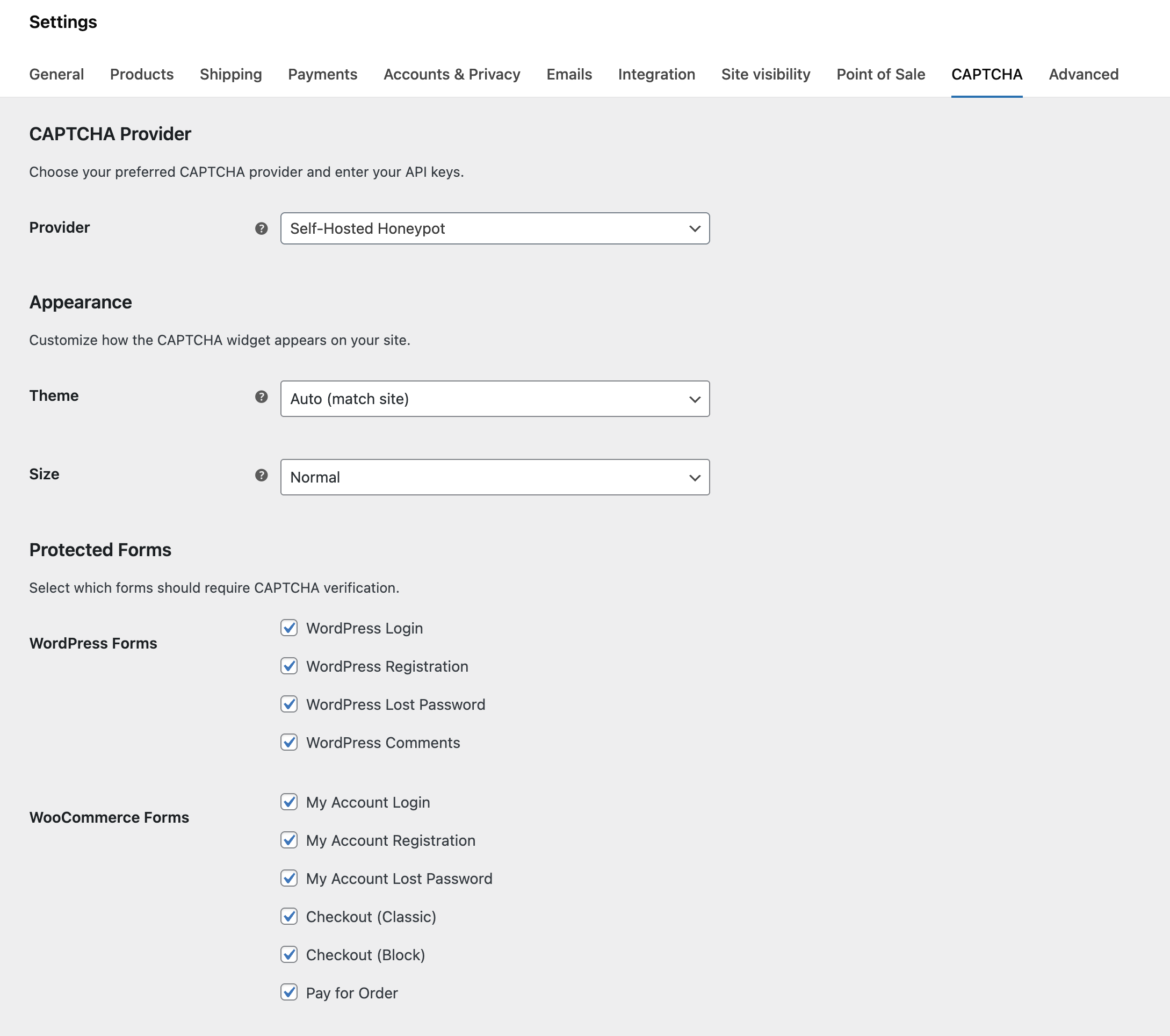 Captcha for WooCommerce settings page showing provider selection, appearance options, and protected forms