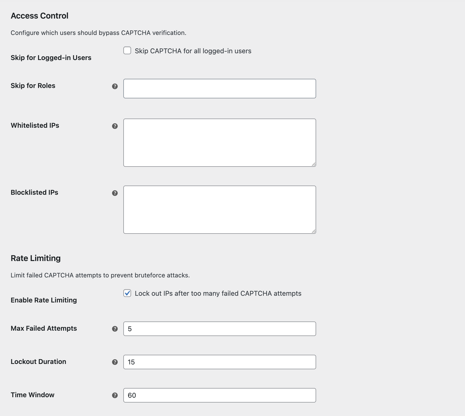 Access control and rate limiting settings showing IP whitelists, blocklists, max attempts, and lockout duration
