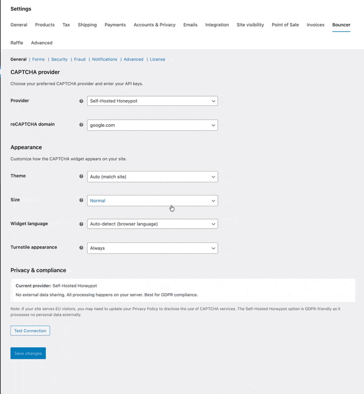 Bouncer plugin settings walkthrough — CAPTCHA providers, fraud scoring, rate limiting, and geo-blocking